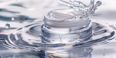 Wall Mural - A small jar of cream is floating on top of a wave of water