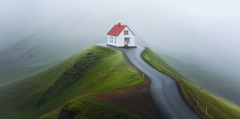 Sticker - A white and red small house sits atop a green hill, with a curved road leading to it in foggy weather.