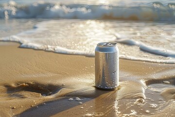 Wall Mural - A sparkling silver beer can positioned on a sandy beach with rolling waves, reflecting the glint of sunlight on its surface