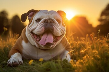 Sticker - Portrait of a happy bulldog in backdrop of an idyllic countryside