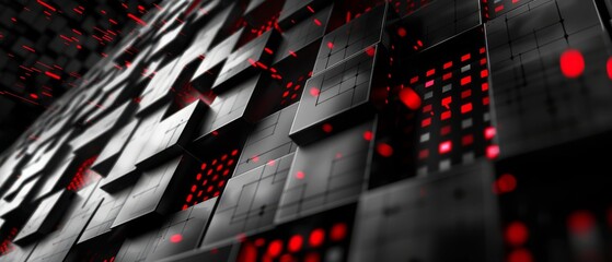 Wall Mural - Abstract digital wall with black cubes and red glowing accents. The geometric pattern creates a complex, futuristic appearance with a sleek and high-tech design