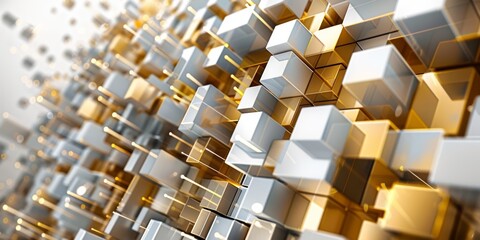 Wall Mural - Abstract cubic pattern with glowing gold and silver hues creating a dynamic 3D effect