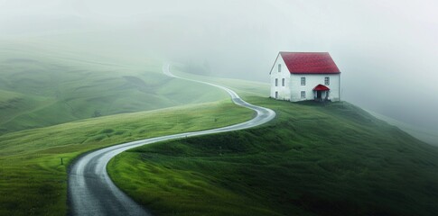 Wall Mural - A small white house with a red roof sits on top of a green hill.