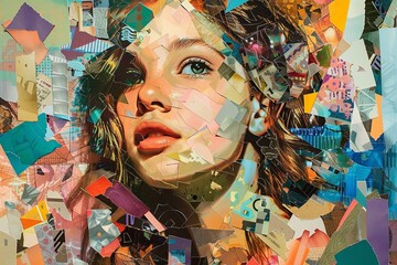 Canvas Print - A striking art collage presenting a girl's portrait amidst a colorful array of paper cutouts and patterns