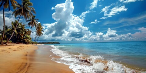 Poster - A beautiful beach with palm trees and a clear blue ocean