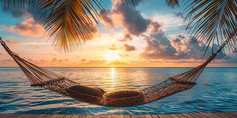 Poster - A hammock is hanging over the ocean with a sunset in the background