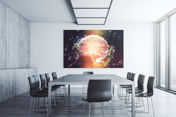 Wall Mural - Creative artificial Intelligence symbol on presentation tv screen in a modern meeting room. Neural networks and machine learning concept. 3D Rendering