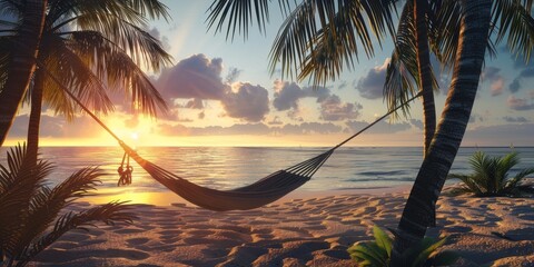 Poster - A beach scene with a hammock hanging between two palm trees