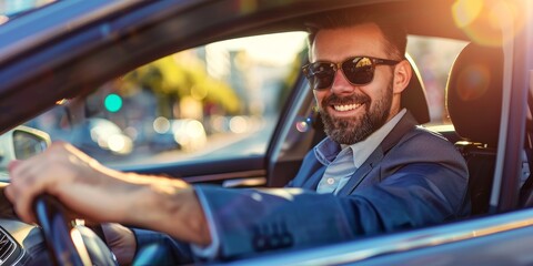 Poster - A man in a suit is driving a car and smiling