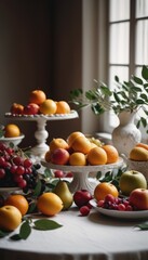 An inviting display of colorful fruits on a white table, featuring a variety of oranges, apples, grapes, and more, perfect for a healthy and refreshing treat