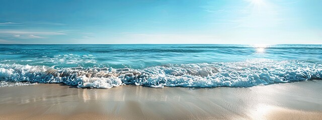 Wall Mural - A tranquil seascape with gentle waves rolling onto a sandy beach under a clear blue sky.