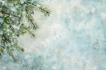 Sticker - A whimsical winter scene featuring an evergreen branch adorned with snowflakes on a whimsical watercolor background.