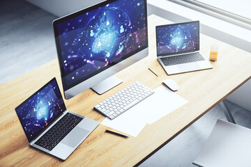 Wall Mural - social network concept with world map on modern laptop screen. 3d rendering