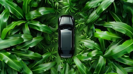 Wall Mural - black suv car parked in lush tropical rainforest.