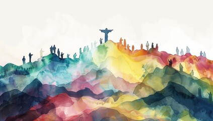 A watercolor illustration of an abstract representation of Jesus standing on the mountain with his disciples.
