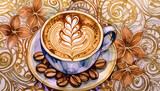 gemalte Tasse Kaffee mit Latteart aquarell 
