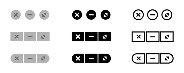 Close, minimize or expand the web window panel, a simple set of black and linear icons to control the web browser window. Maximize button concept illustration in vector flat