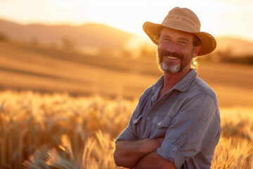 Agriculture, farming, happy man farmer standing in sunny golden wheat field with harvest at sunset