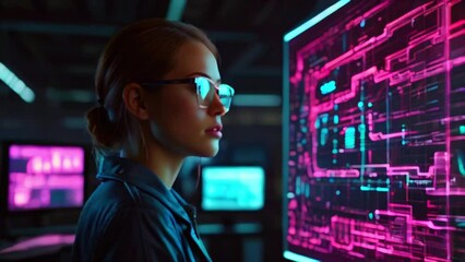 A young woman wearing glasses is looking at a computer screen with a lot of pink and purple lines of code.