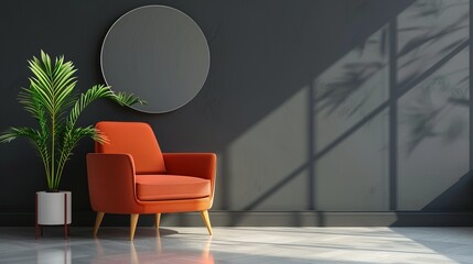 Wall Mural - modern minimalist living room with an orange chair and a green plant. bright light casts shadows on 