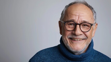 Wall Mural - Portrait of a smiling elderly man with glasses wearing a blue sweater. The image has a professional studio style. It is perfect for senior lifestyle projects. Ideal for websites and print media. AI.