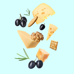 Wall Mural - Different types of cheese, crackers, grapes, rosemary and walnut in air on light blue background