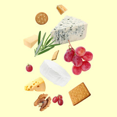 Wall Mural - Different types of cheese, crackers, grapes, rosemary and walnut in air on beige background