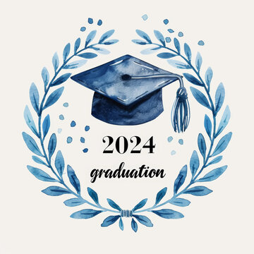 aesthetic watercolor class of 2024 emblem, graduation cap with laurel wreath. white clean background