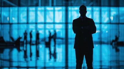 Wall Mural - A confident businessman, silhouette stark against a modern office backdrop, arms crossed, exudes leadership. Colleagues converse in the background, framed by expansive blue-tinted windows.
