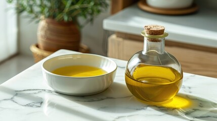 Wall Mural - High-Quality Image of a Bowl of Olive Oil Next to a Baguette on a Rustic Wooden Surface