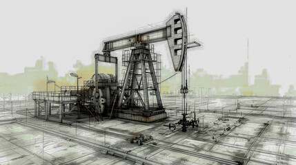 Wall Mural - A detailed sketch of an oil pumpjack against a grid background, symbolizing industrial design or engineering