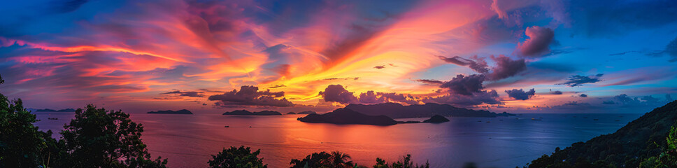 Canvas Print - panoramic view of colorful sunset over calm sea lake with mountain range background



