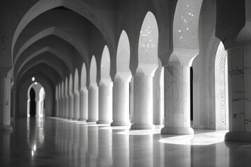 Poster - Simple shot of a mosque's interior with elegant, minimalist arches and soft lighting.