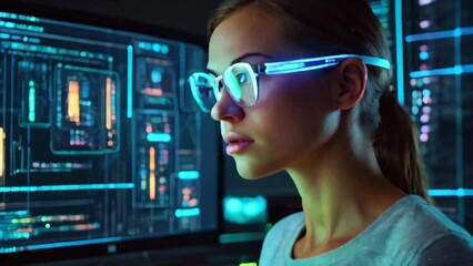 A young woman wearing glasses is looking at a computer screen. The screen is filled with lines of code and data.