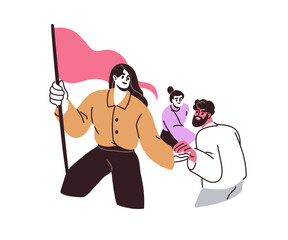 Wall Mural - leadership concept. woman leader with flag leading team. support, guidance and motivation in busines