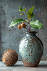 Wall Mural - Minimalist image of a kalash (sacred pot) with mango leaves and a coconut, set on a plain surface,