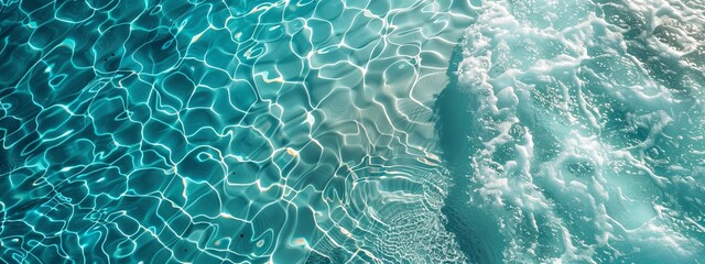 Poster - An abstract aerial view of a turquoise swimming pool with sunlight creating sparkling reflections on the water surface.