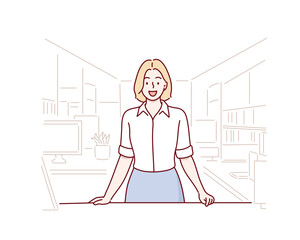 Wall Mural - woman in a busy modern workplace. Hand drawn style vector design illustrations.