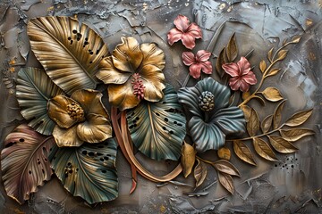 Wall Mural - An art piece portraying a bouquet of exotic flowers and lush foliage on a volumetric stucco panel.