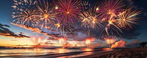 fireworks exploding in a dazzling array of colors over a calm beach at sunset