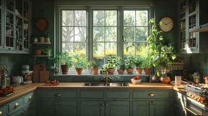 Wall Mural - A cozy kitchen interior bathed in warm sunlight with greenery on the windowsill and fresh produce on the countertops, exuding a homely atmosphere. 