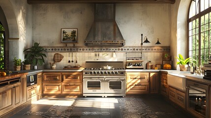 Wall Mural - A spacious, sunlit kitchen interior with modern appliances and rustic wooden cabinetry.