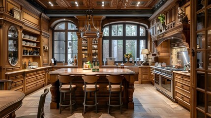 Wall Mural - Elegant and spacious traditional wooden kitchen interior with a large island and bar stools, showcasing luxurious design and craftsmanship.