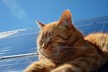 Wall Mural - cat sitting on a solar panel, enjoying the warmth of the sun with a backdrop of a clear blue sky.
