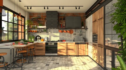 Wall Mural - Modern kitchen interior with sunlight casting shadows on a clean, spacious area with wooden cabinets and stainless steel appliances, available for 