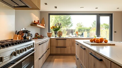 Wall Mural - Modern kitchen interior with wooden cabinets and stainless steel appliances bathed in natural light from large windows overlooking a garden. 