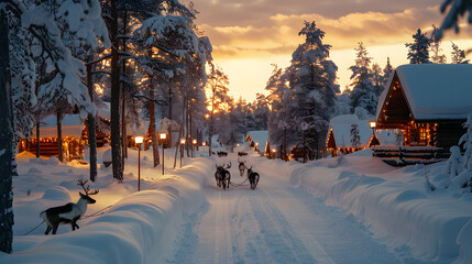 Wall Mural - A magical Lapland landscape with reindeer, husky sledding, and the Santa Claus Village, capturing the essence of a polar winter.