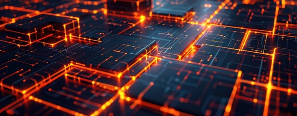 Abstract background with orange glowing lines and dark cubes.