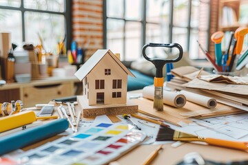 Poster - A model house sits on a desk with paint brushes, rollers, tape, and color swatches. The tools are part of a supply display for home painters at a hardware store. Generative AI