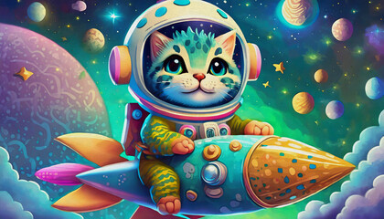 Wall Mural - oil painting style cartoon character illustration BABY CAT astronaut RIDING A ROCKET on space background with stars. Spaceman in spacesuit